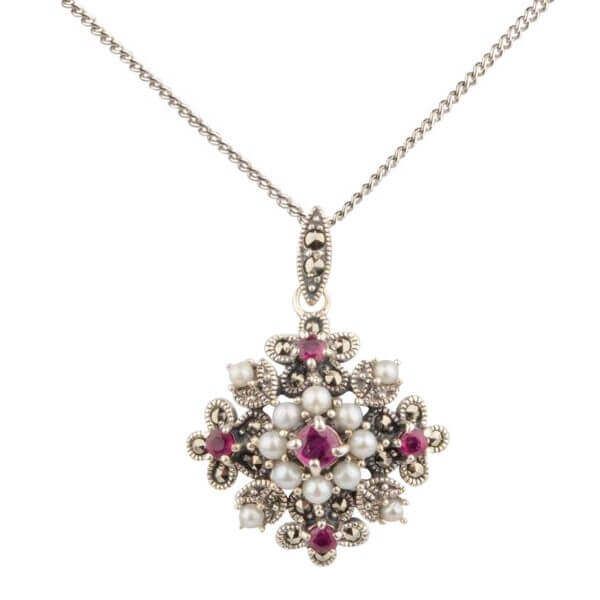 Antique Style Seed Pearl, Ruby & Marcasite Pendant and Chain  |  Silver 