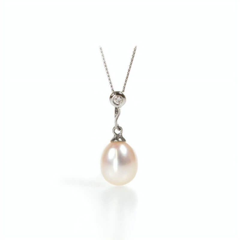Freshwater Pearl & Diamond 'S' shape Pendant| 9 ct White Gold