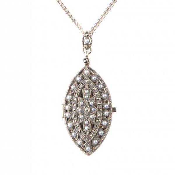 Freshwater Seed Pearl & Marcasite Navette Shape Locket Pendant  |  Silver 