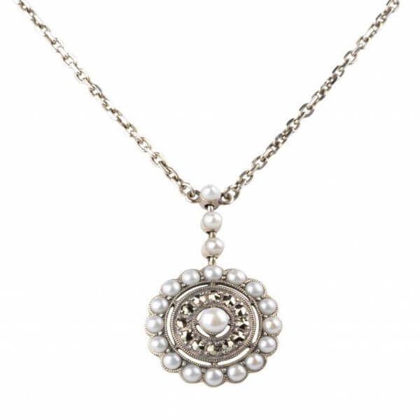 Freshwater Seed Pearl & Marcasite Antique Style Radial Cluster Necklace  |  Silver 
