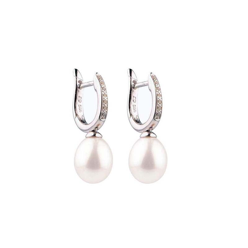Freshwater Pearl & Cubic Zirconia Huggie Earring  |  Silver