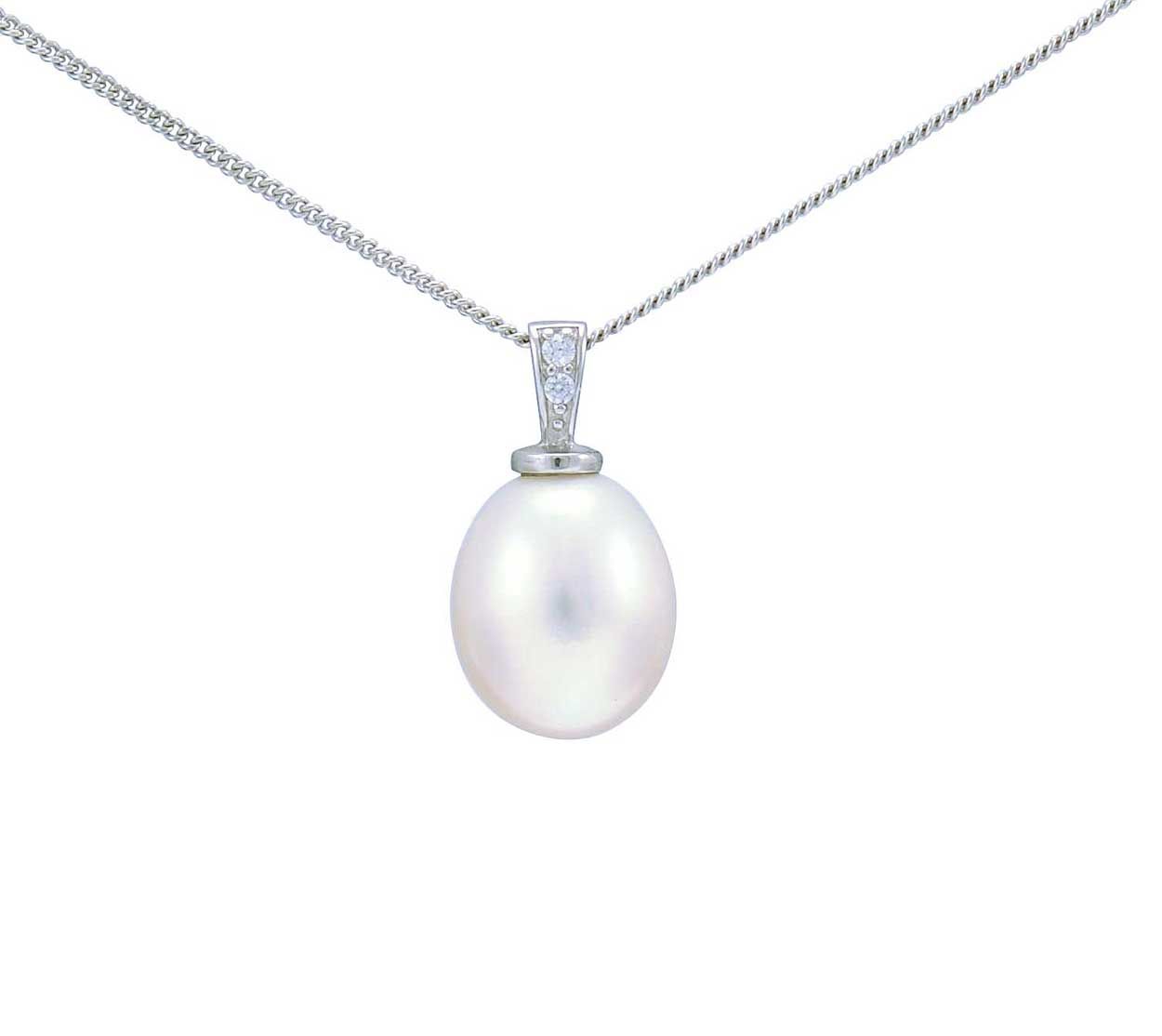 Freshwater Pearl & Grain Set Cubic Zirconia Pendant  |  Silver
