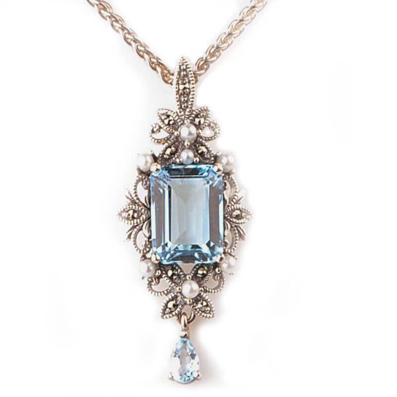 Antique Style Freshwater Cultured Pearl, Blue Topaz & Marcasite Pendant and Chain  |  Silver 