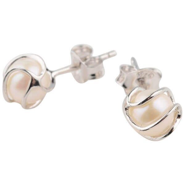 Freshwater Cultured Pearl Cage Stud Earrings side view |Silver 