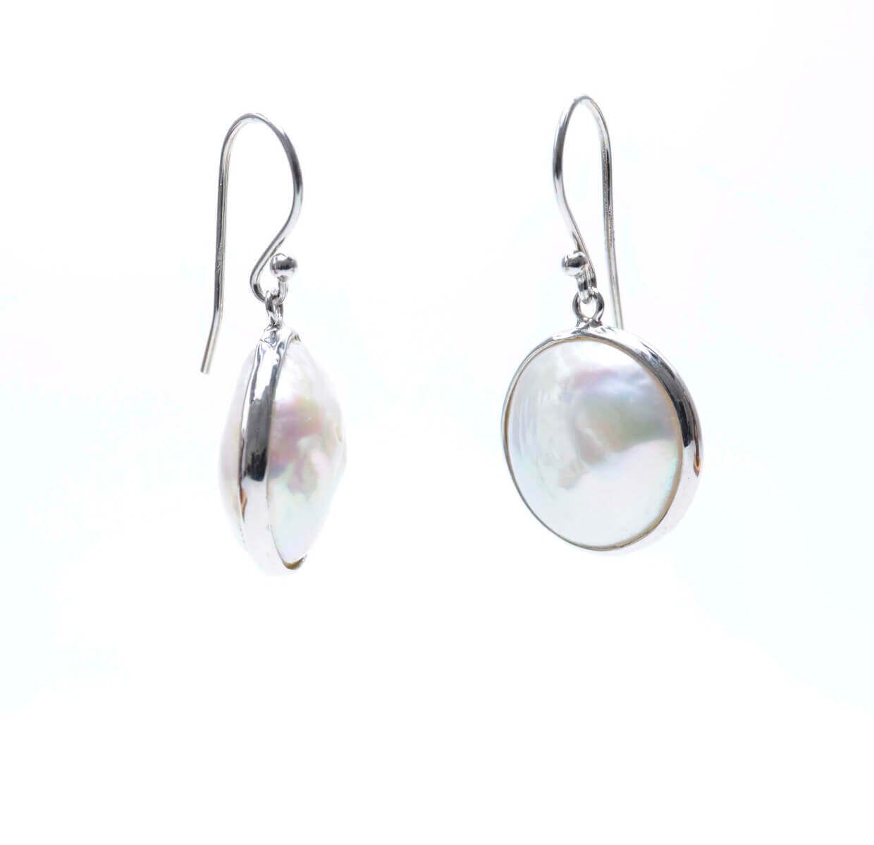 Freshwater Coin Pearl Hook-Wire Drop Earrings  |  Silver