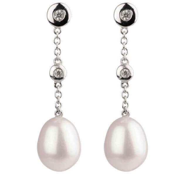 Freshwater Pearl & Double Chain Cubic Zirconia Drop Earrings  |  Silver