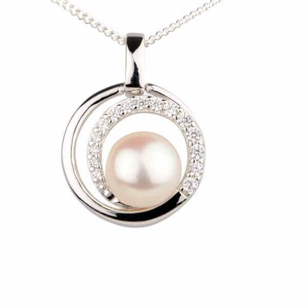  Freshwater Cultured Pearl & Cubic Zirconia Concentric Pendant and Chain | Silver