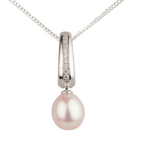 Freshwater Cultured Pearl & Cubic Zirconia Pendant and Chain  |  Silver 