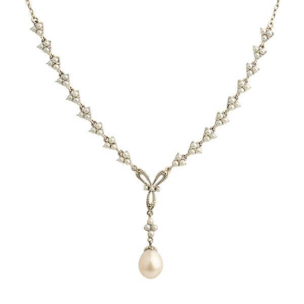 Antique Style Ribbon Design Seed Pearl & Marcasite Necklace  |  Silver