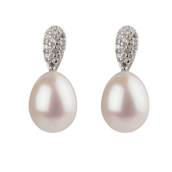 Freshwater Cultured Pearl & Cubic Zirconia Studded Earrings  |  Silver