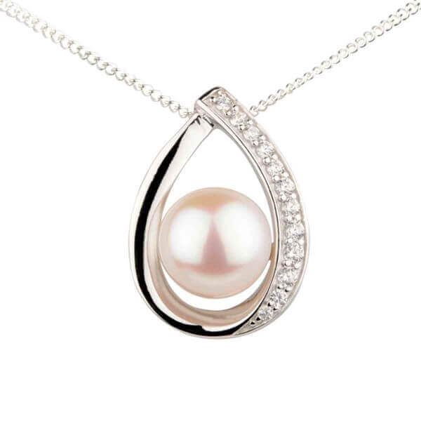  Freshwater Cultured Pearl & Cubic Zirconia Crossover Pendant and Chain| Silver