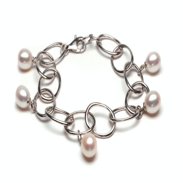 Silver & Freshwater Pearl Oval Link Bracelet