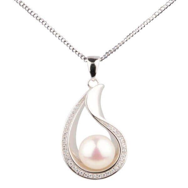 Freshwater Cultured Pearl & Cubic Zirconia Curved Pear shape Pendant and Chain | Silver 