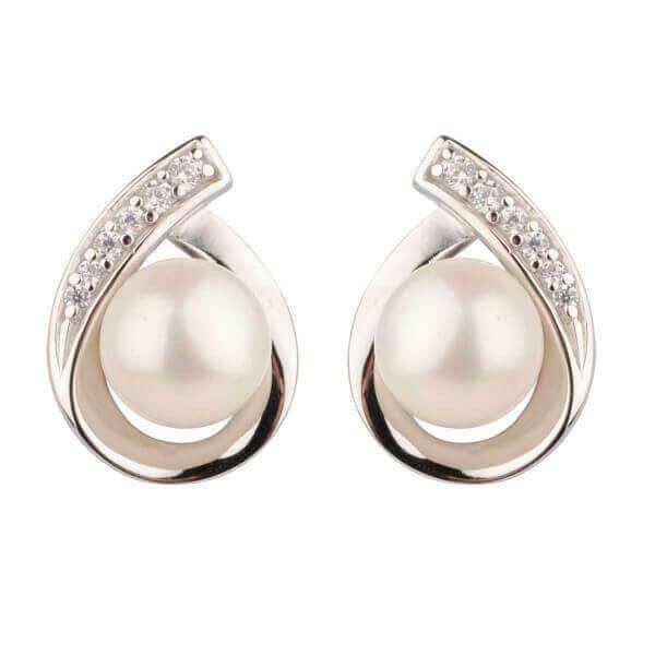 Freshwater Cultured Pearl & Cubic Zirconia Pear-shape Stud Earrings  |  Silver
