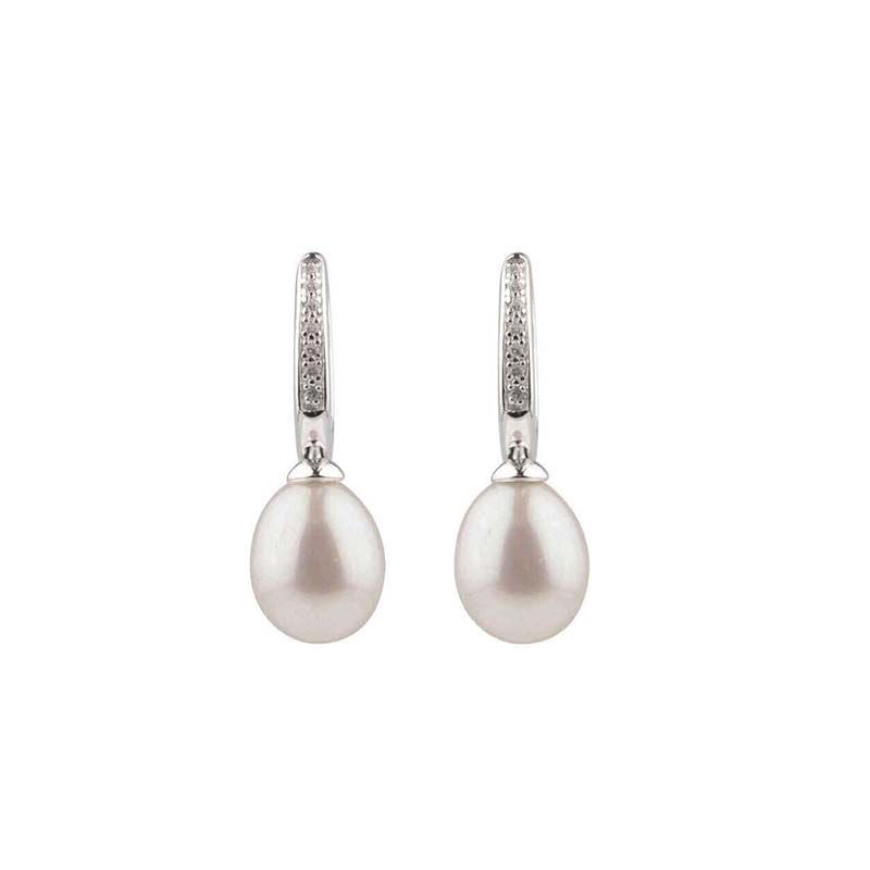 Freshwater Pearl & Cubic Zirconia Huggie Earring  |  Silver