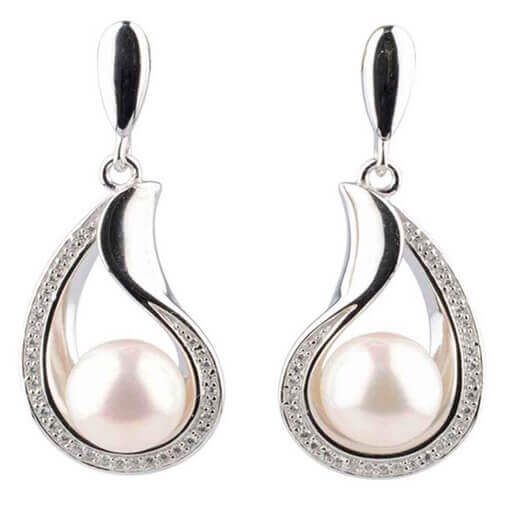 Freshwater Cultured Pearl and Cubic Zirconia  curvy pear-shape Drop Earrings | Silver 