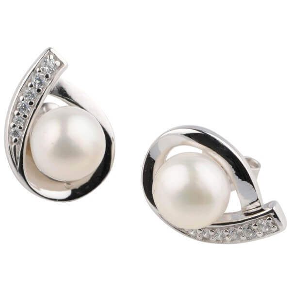 Freshwater Cultured Pearl & Cubic Zirconia Pear-shape Stud Earrings  |  Silver