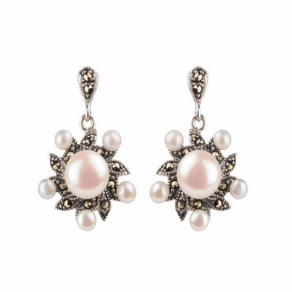  Freshwater Cultured Pearl & Marcasite Radiating Drop Earrings  |  Silver