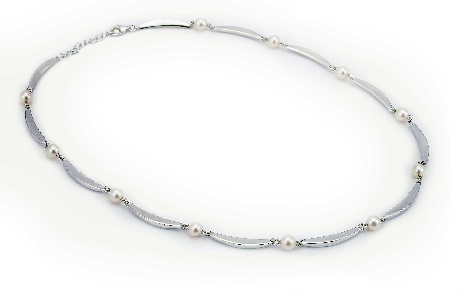 Contemporary Freshwater Pearl Crescent Design Necklace  |  Silver