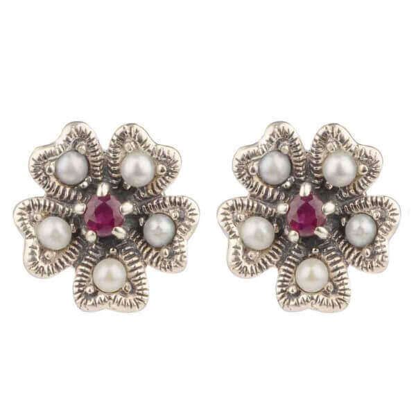 Silver Ruby & Seed Pearl Earrings