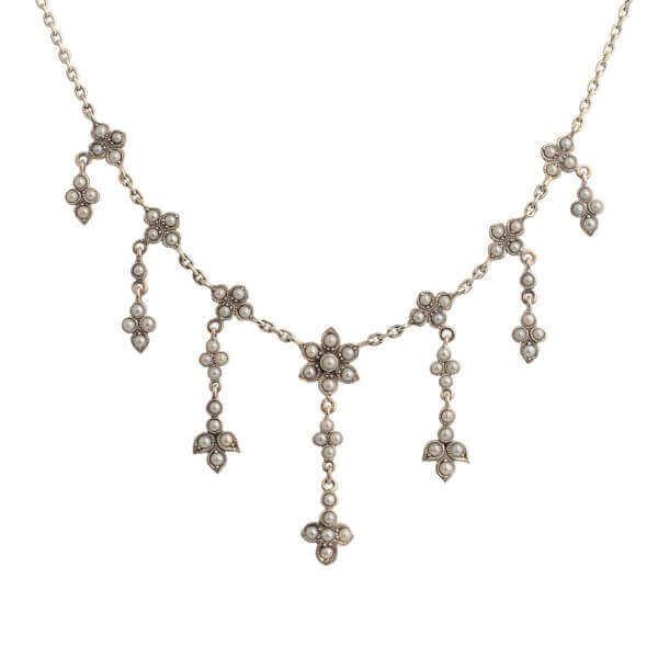 Antique Style Cascading Seed Pearl Design Necklace  |  Silver
