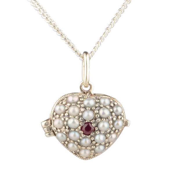 Antique style Ruby & Seed Pearl Heart Pendant and Chain  |  Silver 