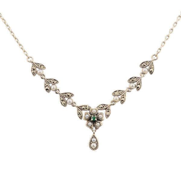 Antique Style Seed Pearl, Emerald & Marcasite Cluster Necklace  |  Silver