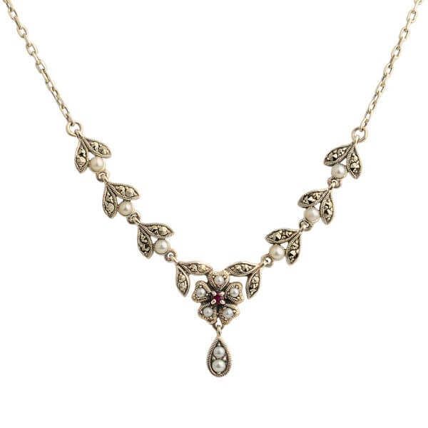  Antique Style Seed Pearl, Ruby & Marcasite Necklace  |  Silver