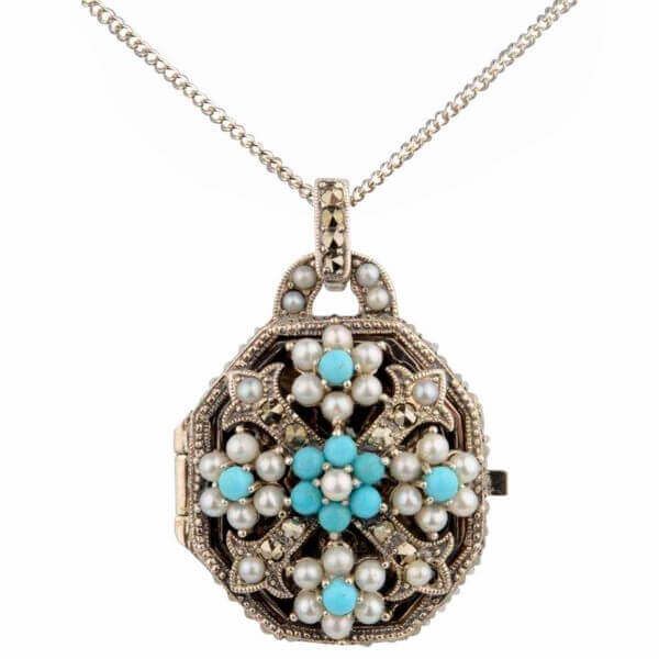 Seed Pearl, Marcasite & Turquoise Antique Style Locket and Chain  |  Silver 