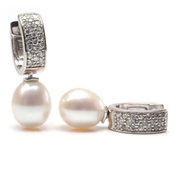 Silver and freshwater pearl huggie earrings