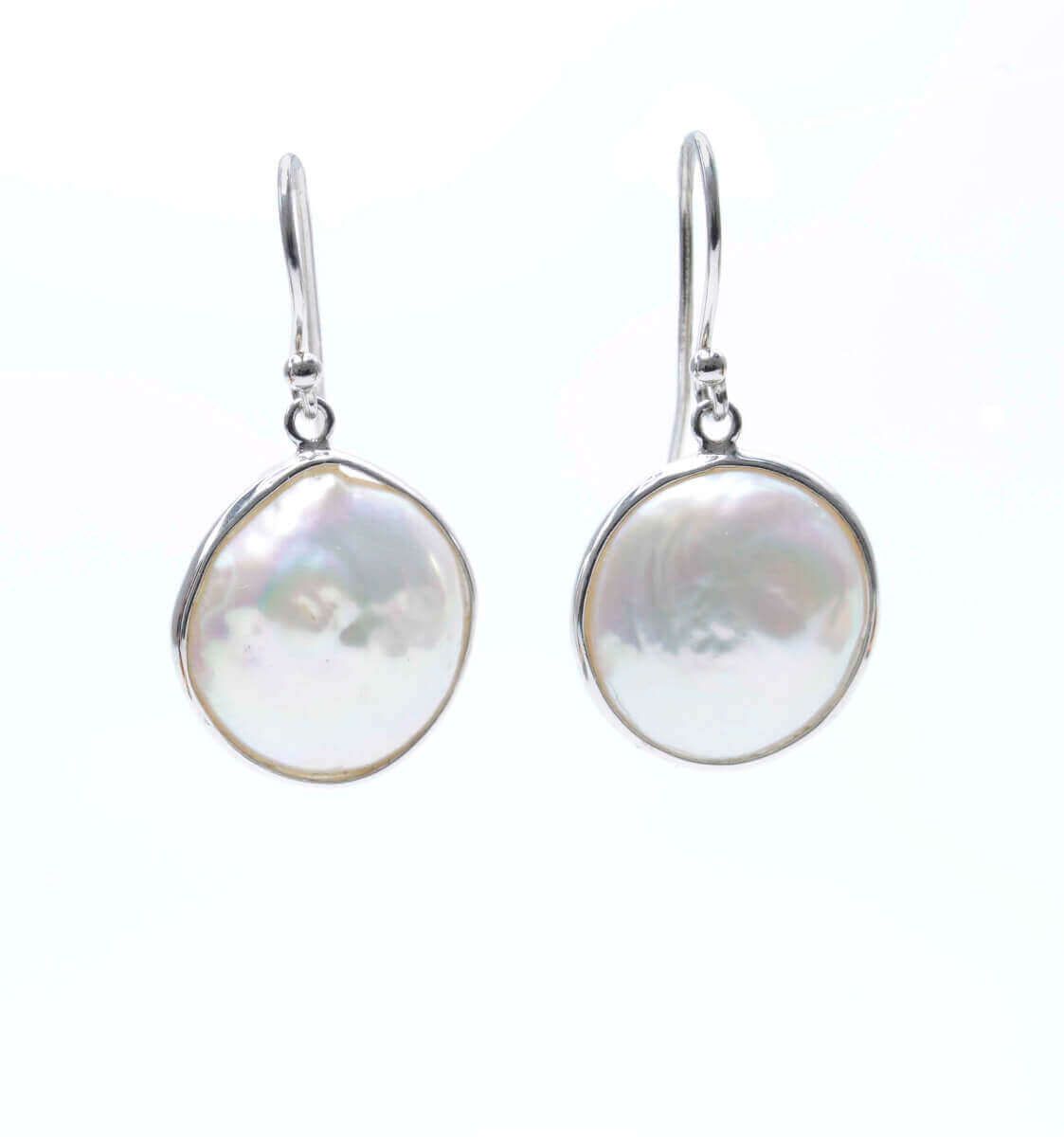 Freshwater Coin Pearl Hook-Wire Drop Earrings  |  Silver