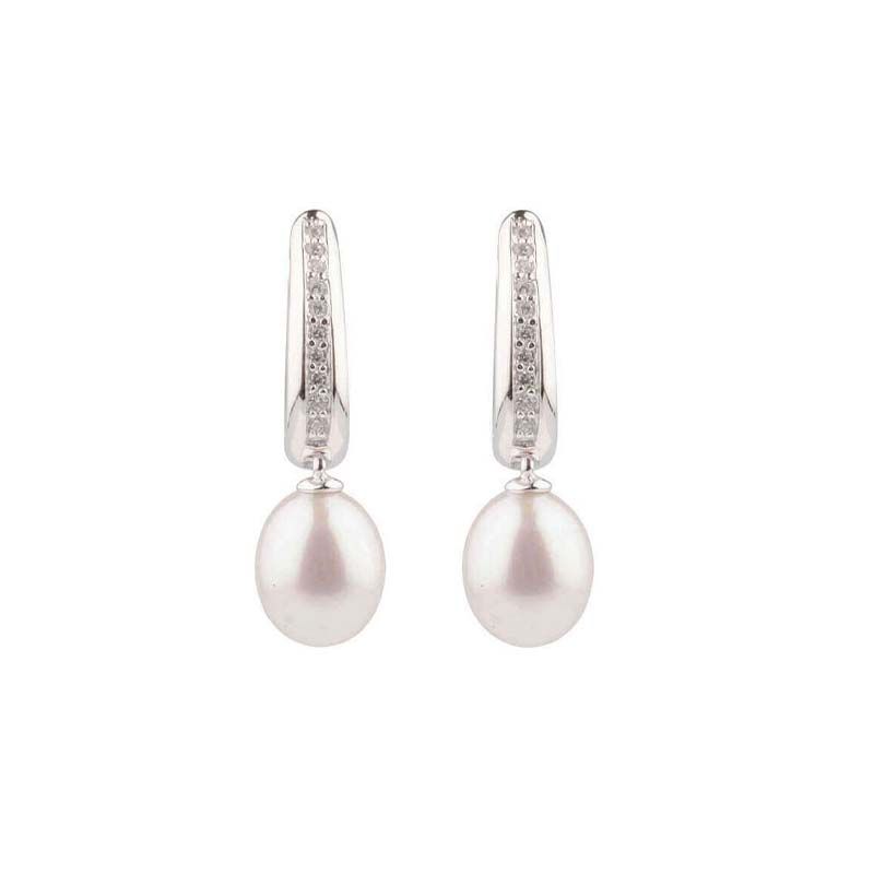 Freshwater Pearl & Cubic Zirconia Large Huggie Earring  |  Silver