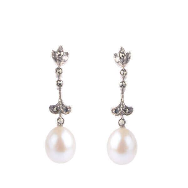Silver Marcasite & Freshwater Pearl Drop Earrings.