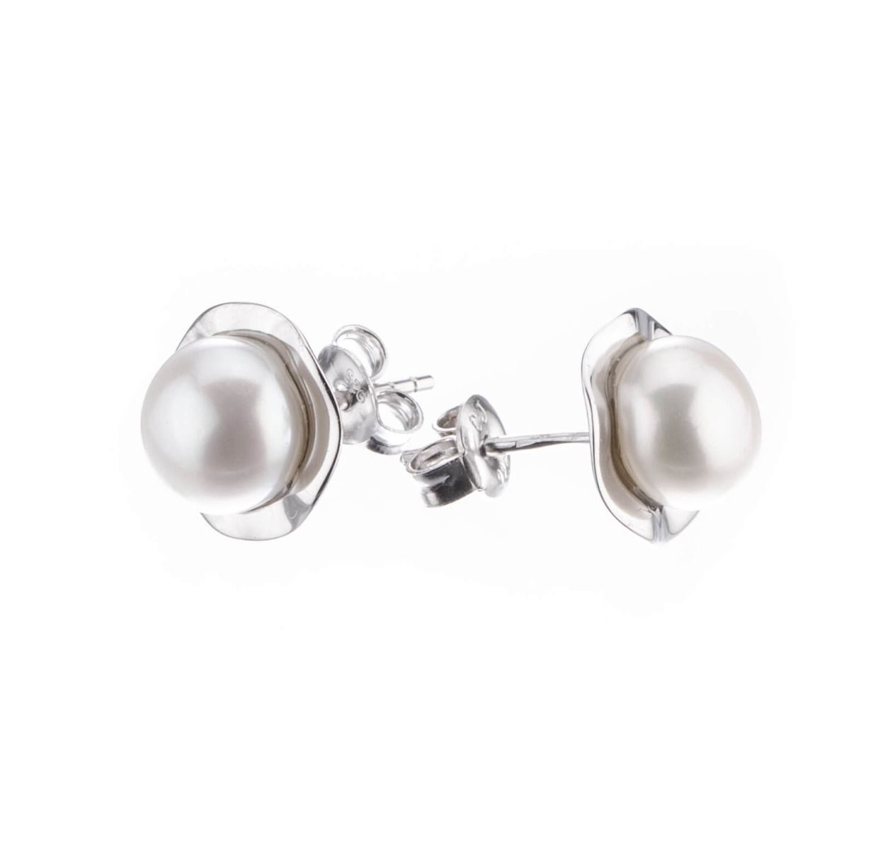 Silver Freshwater Cultured Pearl Button Wavy Edge Earring