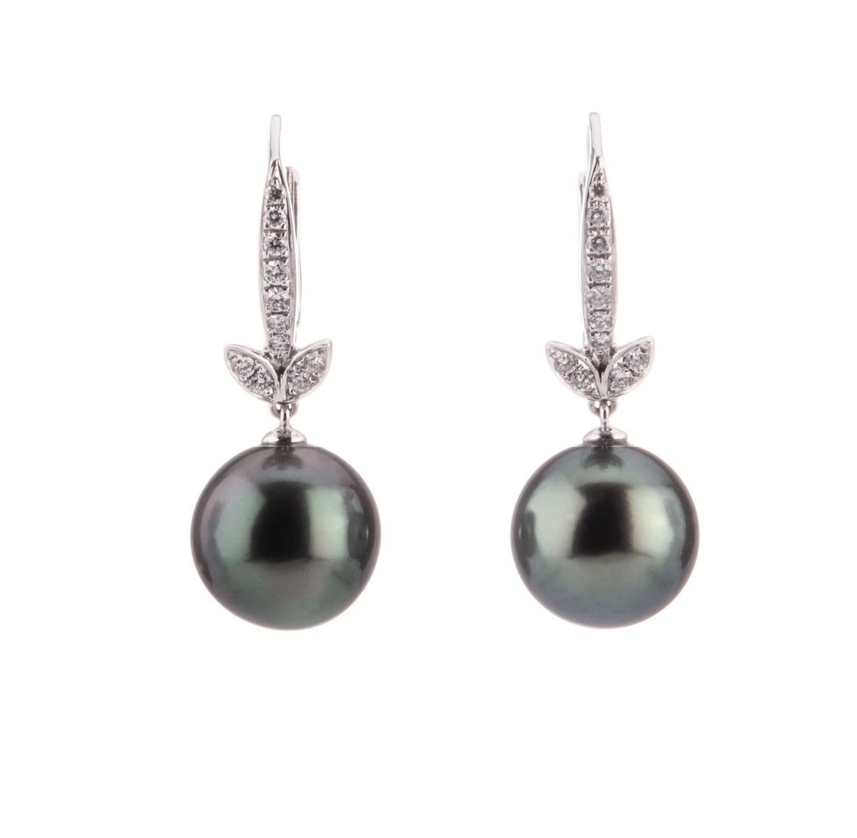 18ct white gold Tahitian Pearl And diamond lever back hook drop earrings