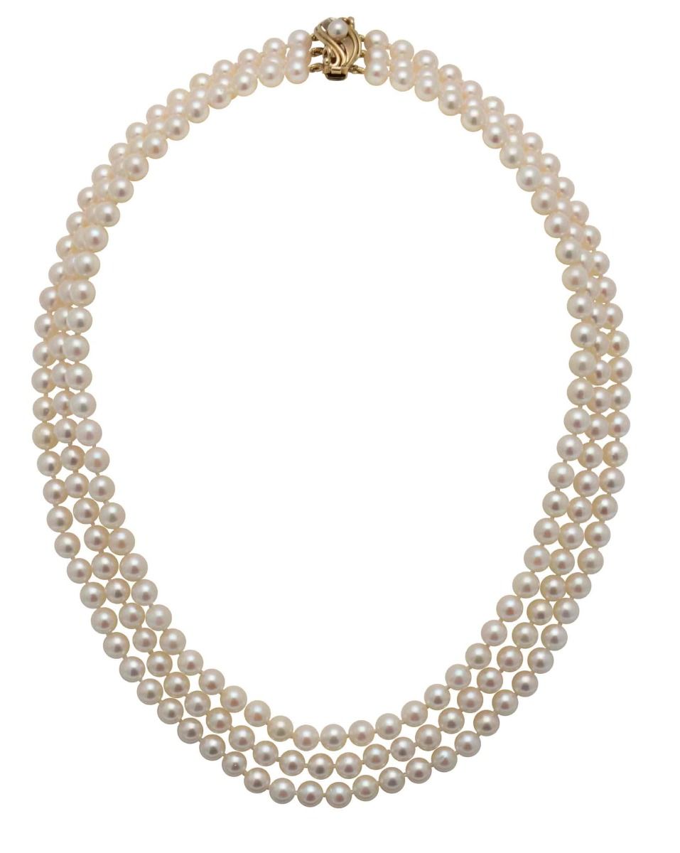 Three Row Akoya Pear Necklace With Fancy Gold Clasp