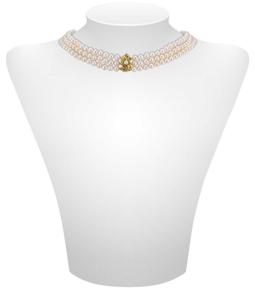 Triple Row pearl necklace with gold and pearl clasp