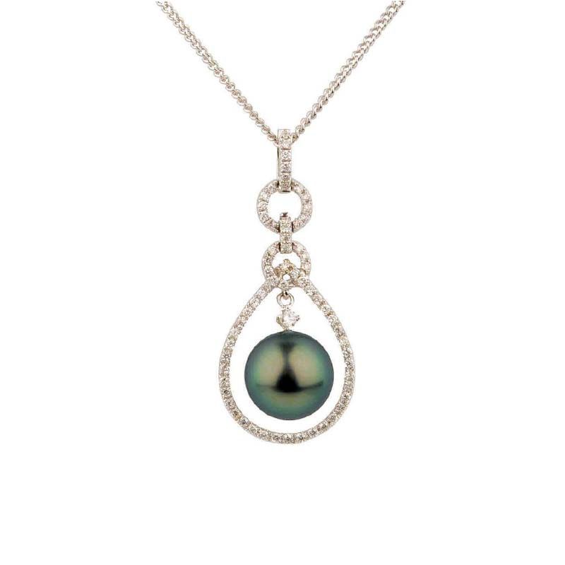 Vintage Inspired Design Tahitian Pearl & Diamond Pendant  |  18ct White Gold