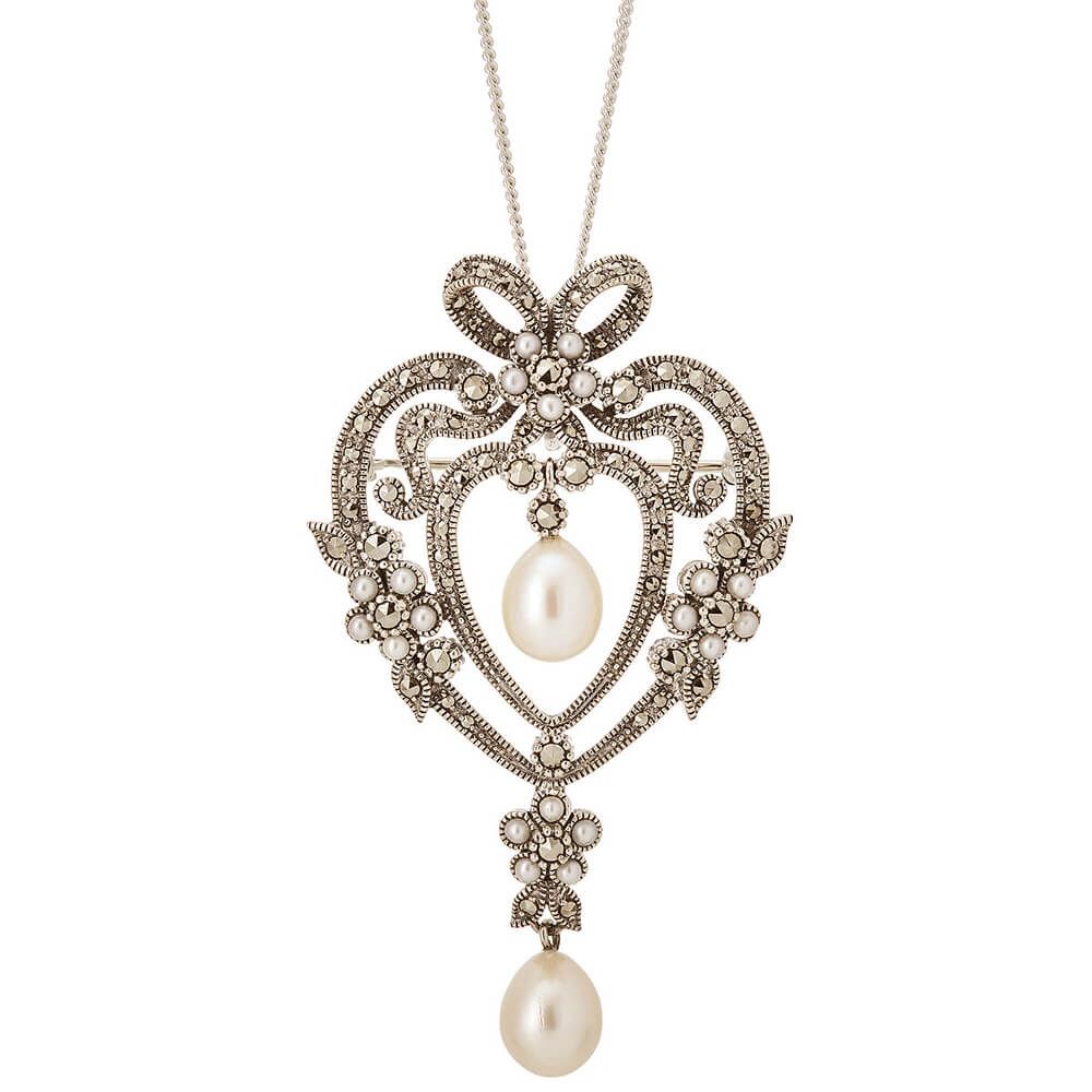 Antique Style Silver Marcasite & Freshwater Pearl Brooch/Pendant