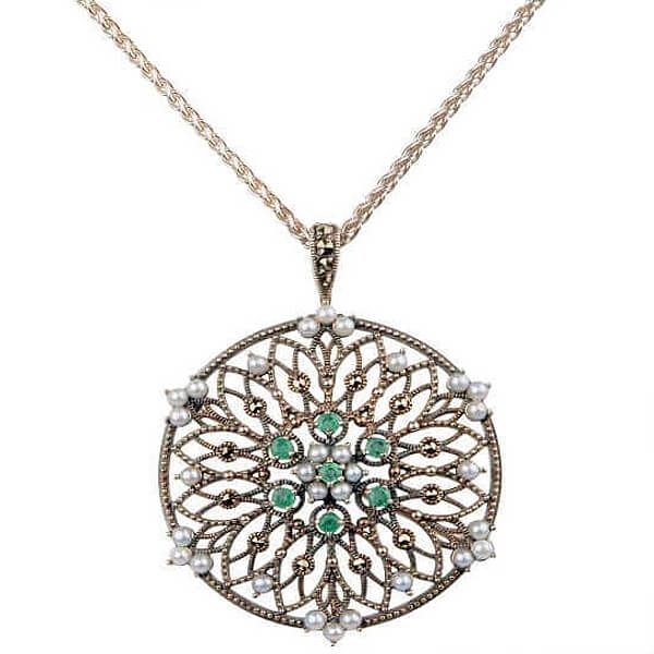 Antique Style Silver Freshwater Cultured Pearl Emerald & Marcasite Brooch/Pendant