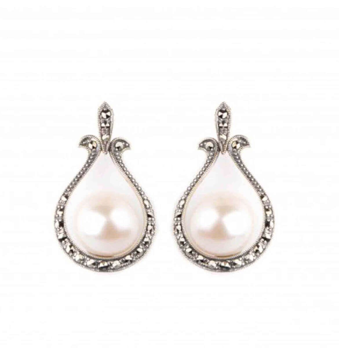  Freshwater Cultured Pearl & Marcasite Vintage Style Looped Earrings | Silver