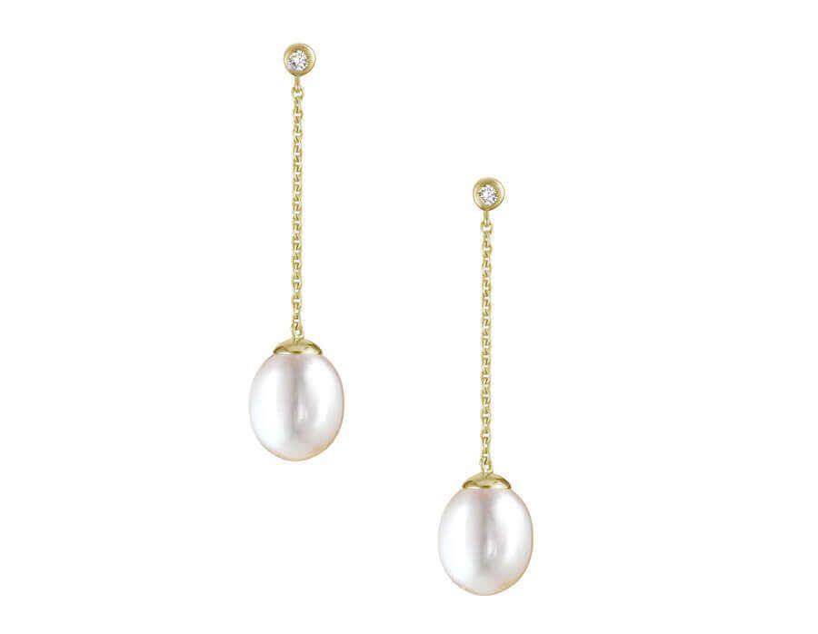 Yellow gold long drop Pearl and Diamond earrings
