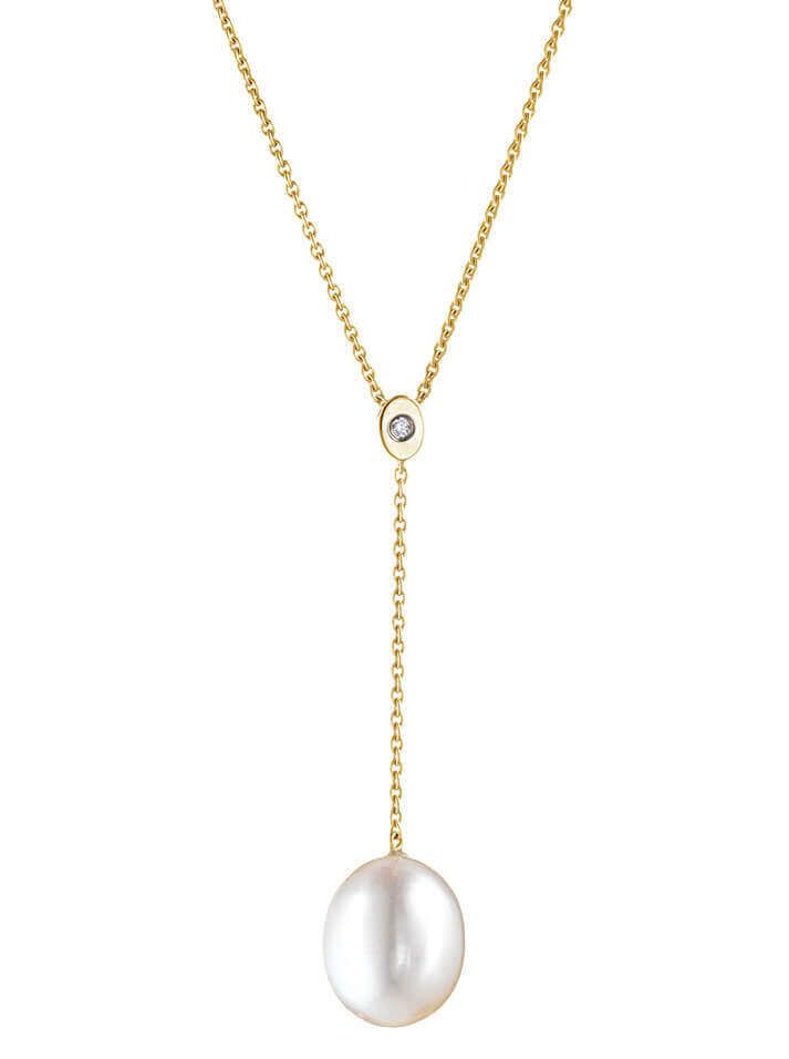 Yellow gold Long drop freshwater and diamond necklace